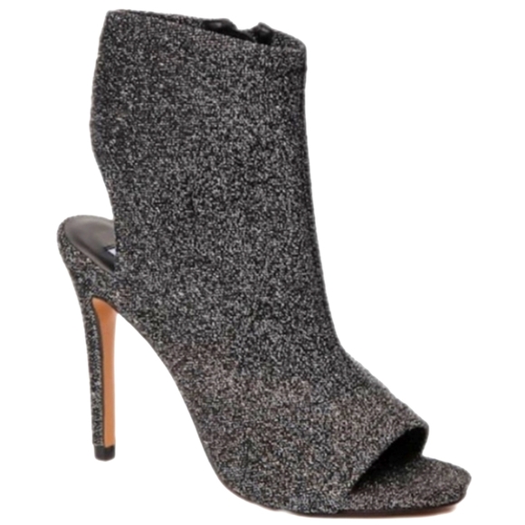 Steve Madden Rakel black silver sparkle spike heel open toe sock booties 7.5 - Picture 1 of 14